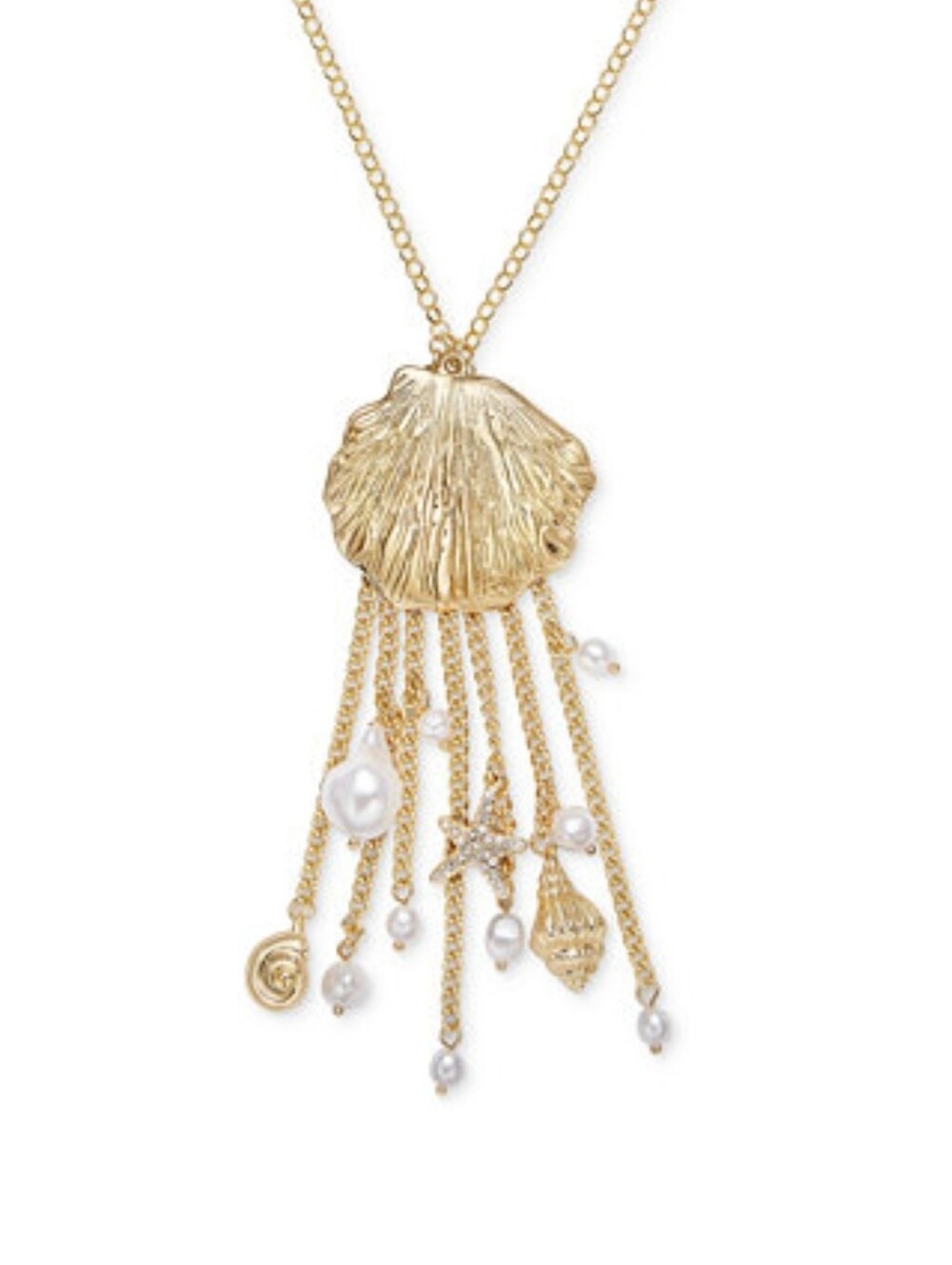 I.N.C. Gold-Tone Pavé & Imitation Pearl Shell Fringe Statement Pendant Necklace